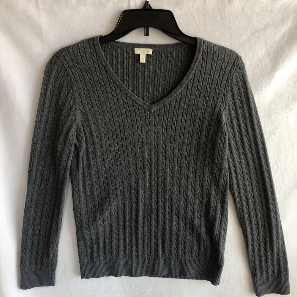 Talbots Long-Sleeve Gray, Mid-Weight, Womens Sweater, V-Neck, Petite Medium